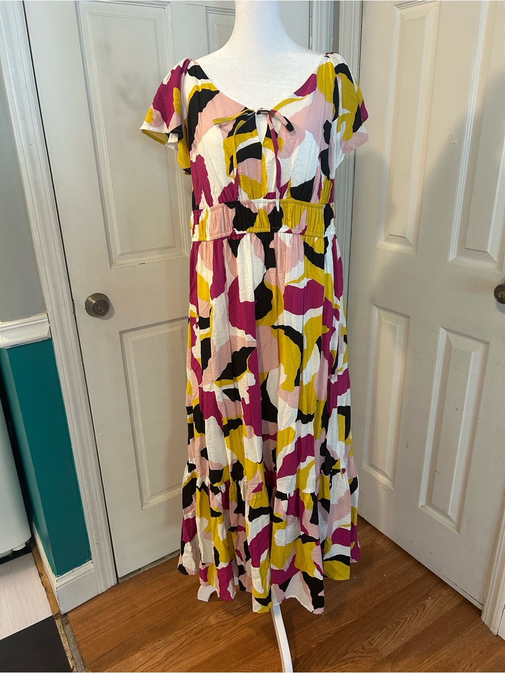Nine West Abstract Print Tie-Front Maxi Dress in Pink, Yellow & Black